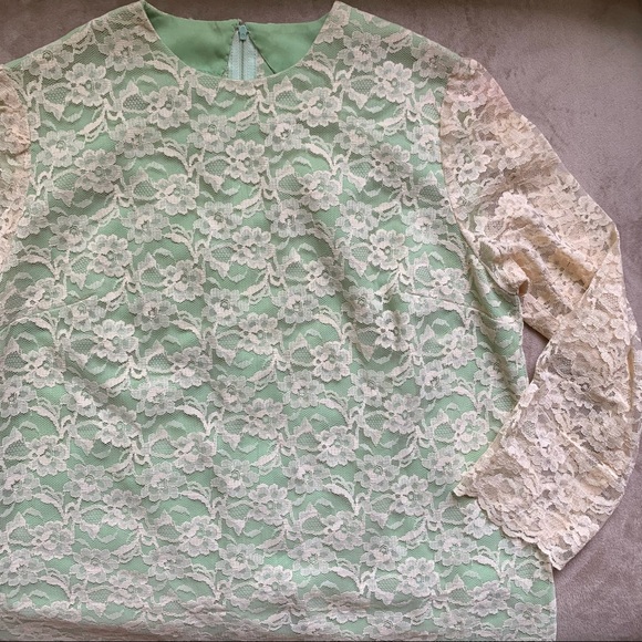 Vintage 60's Cream Lace Over Green Shift Dress Medium - Picture 13 of 13